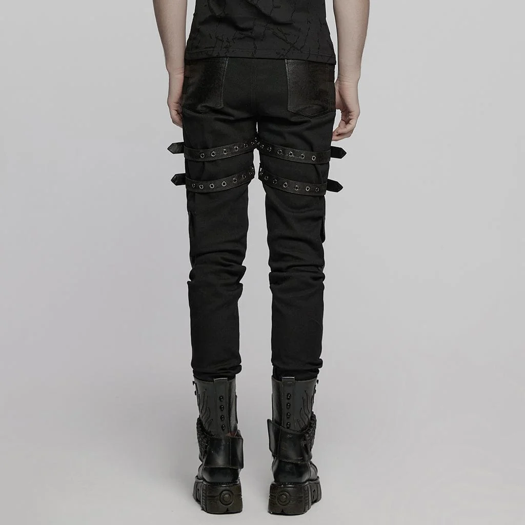 Men's Punk Buckle Straps Studded Mesh Splice Pants - Image 3