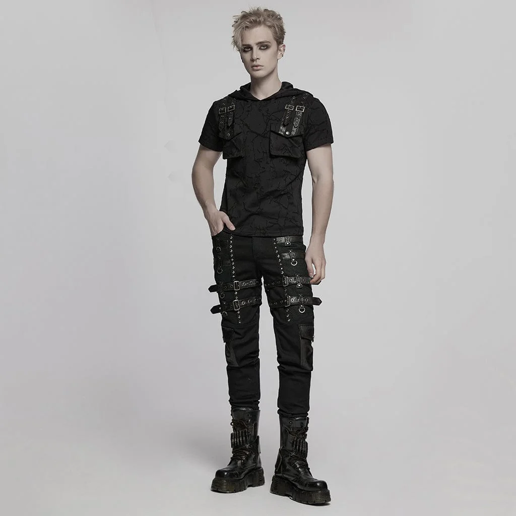 Men's Punk Buckle Straps Studded Mesh Splice Pants - Image 4