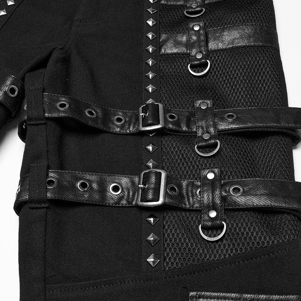 Men's Punk Buckle Straps Studded Mesh Splice Pants - Image 7