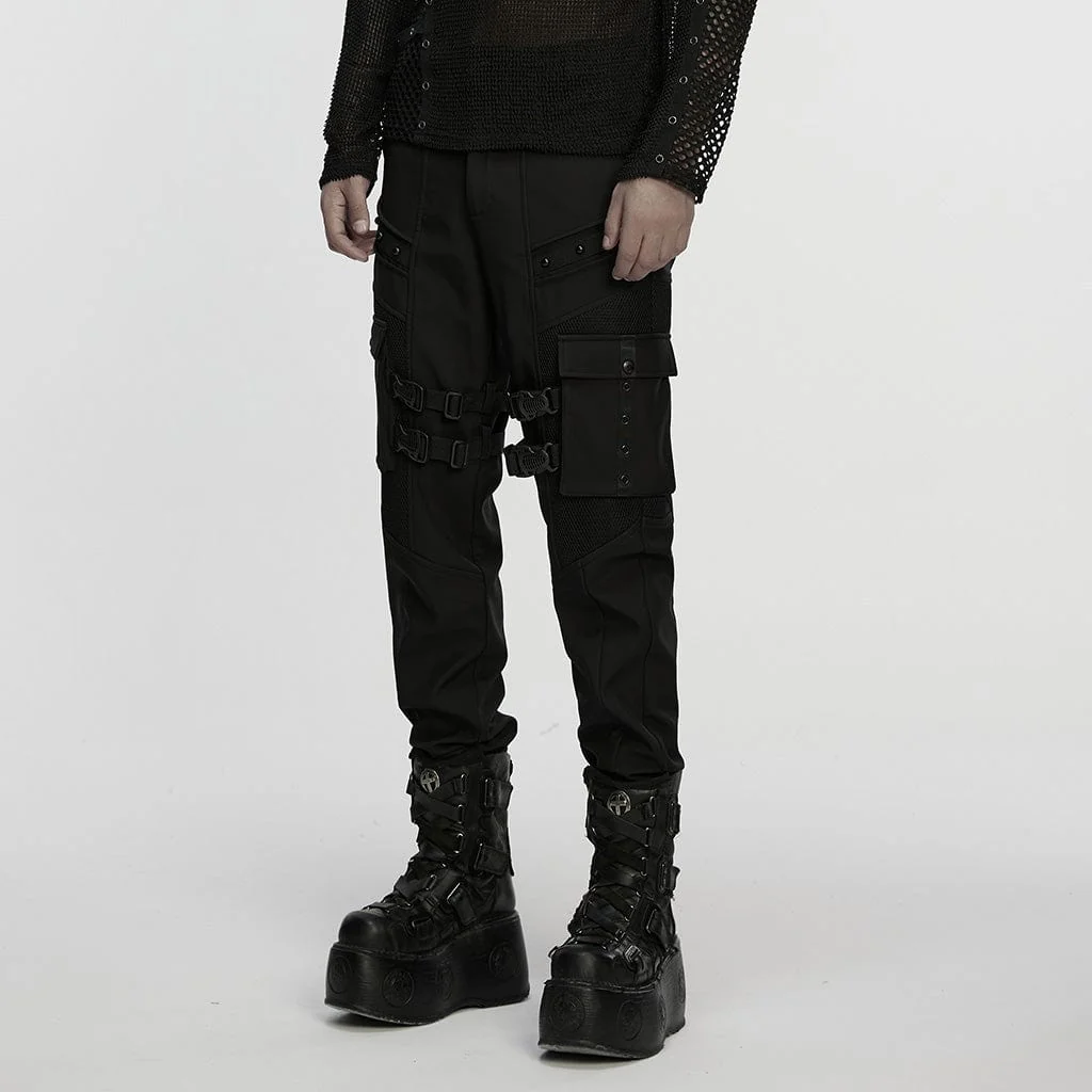 Men's Punk Buckle-up Strap Big Pockets Pants - Image 2