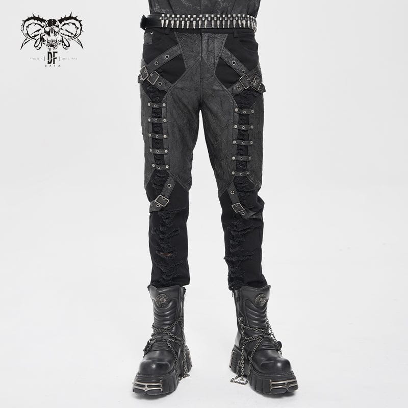 Men's Punk Buckle-up Strap Ripped Pants