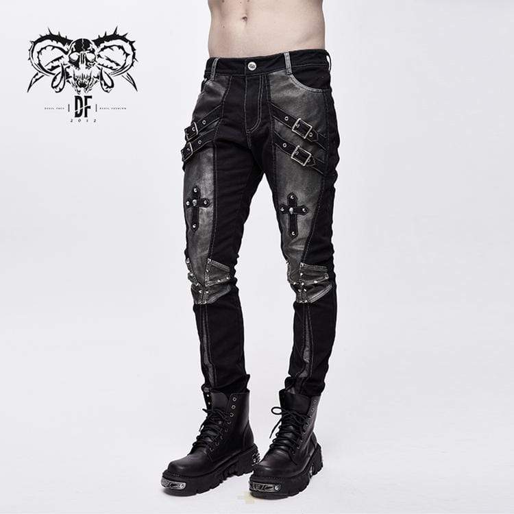 Men's Punk Cross Rivets Faux Leather Pants - Image 3