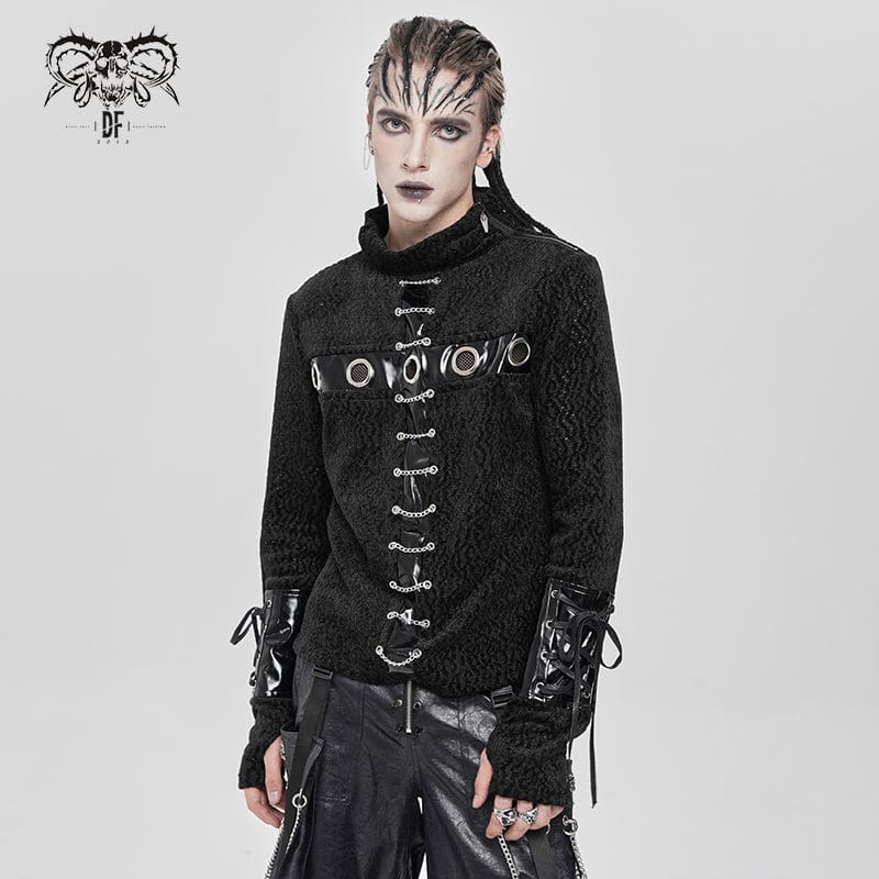 Men's Punk Eyelet Chained Faux Leather Splice Shirt - Image 2