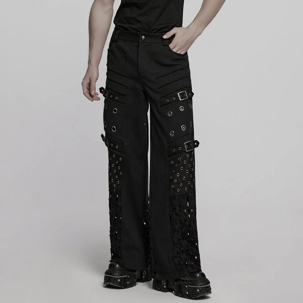 Men's Punk Eyelet Ripped Straight Pants