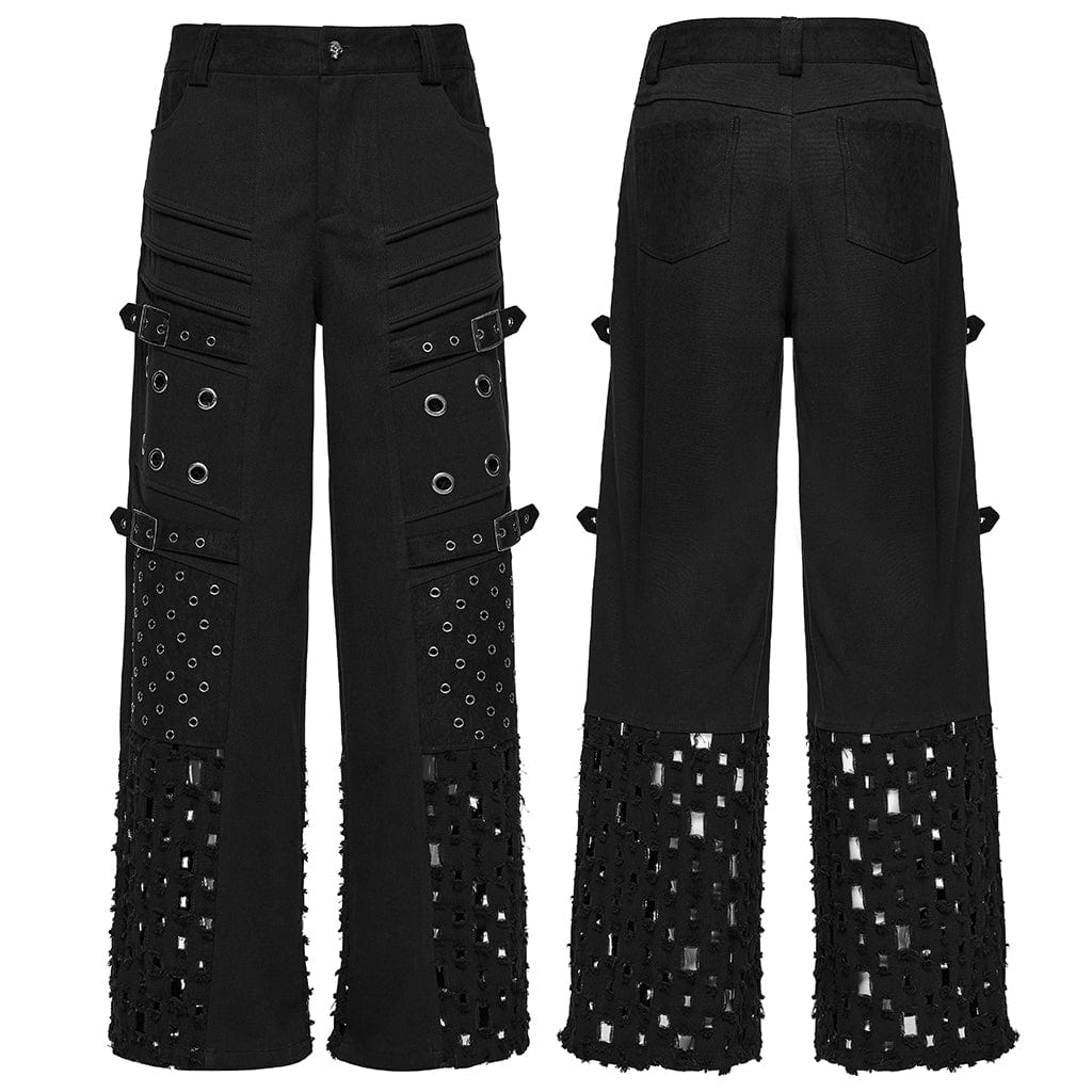 Men's Punk Eyelet Ripped Straight Pants - Image 5
