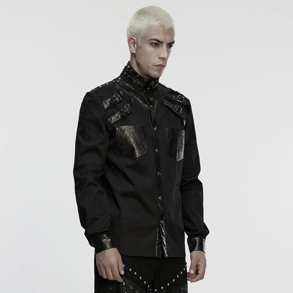 Men's Punk Eyelet Rivet Buckle-up Strap Stand Collar Shirt - Image 2