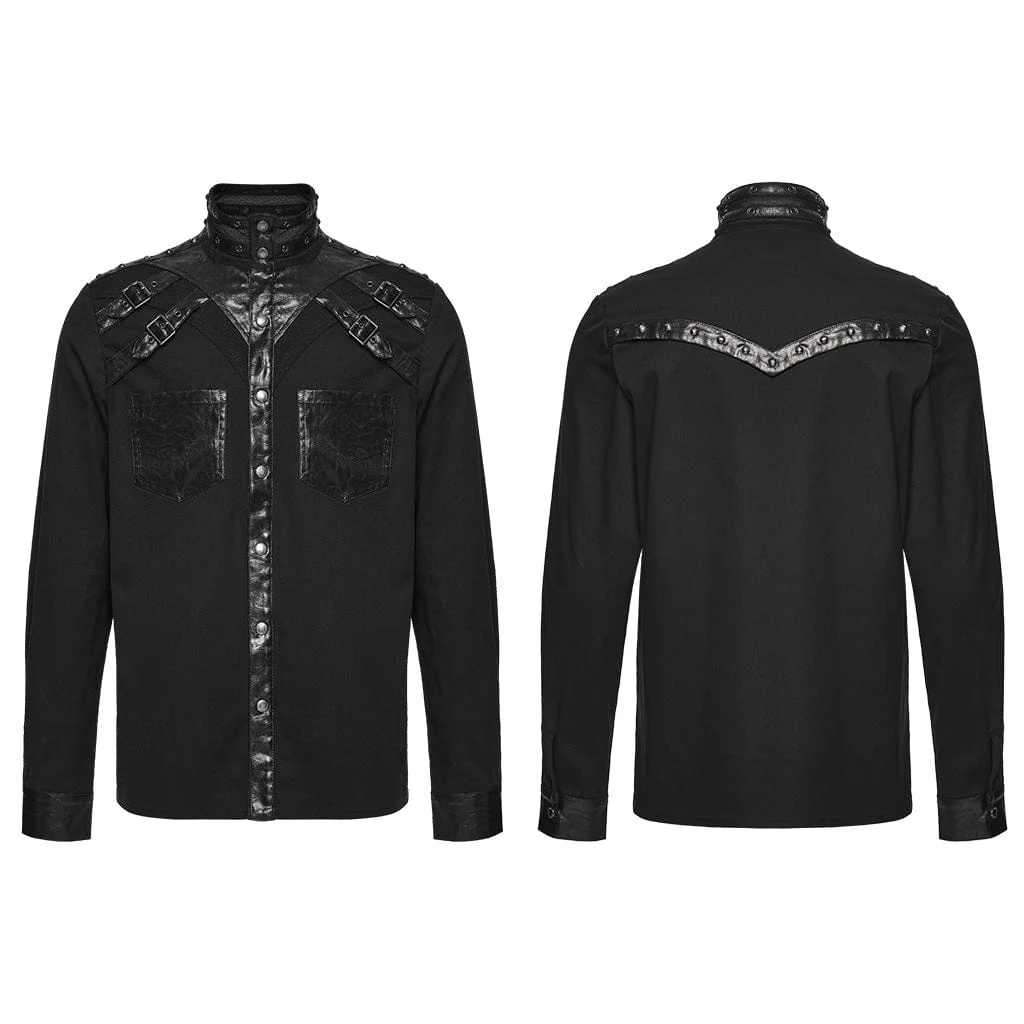 Men's Punk Eyelet Rivet Buckle-up Strap Stand Collar Shirt - Image 5