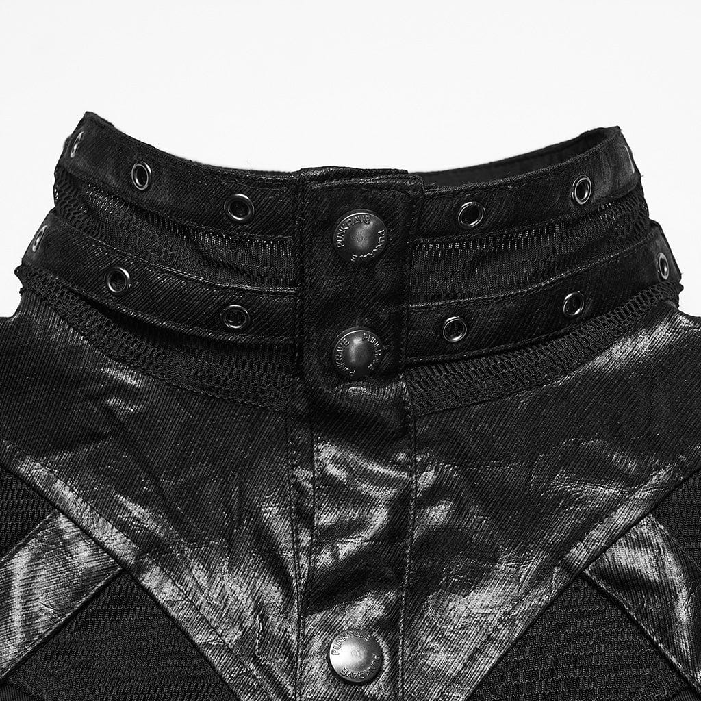 Men's Punk Eyelet Rivet Buckle-up Strap Stand Collar Shirt - Image 6