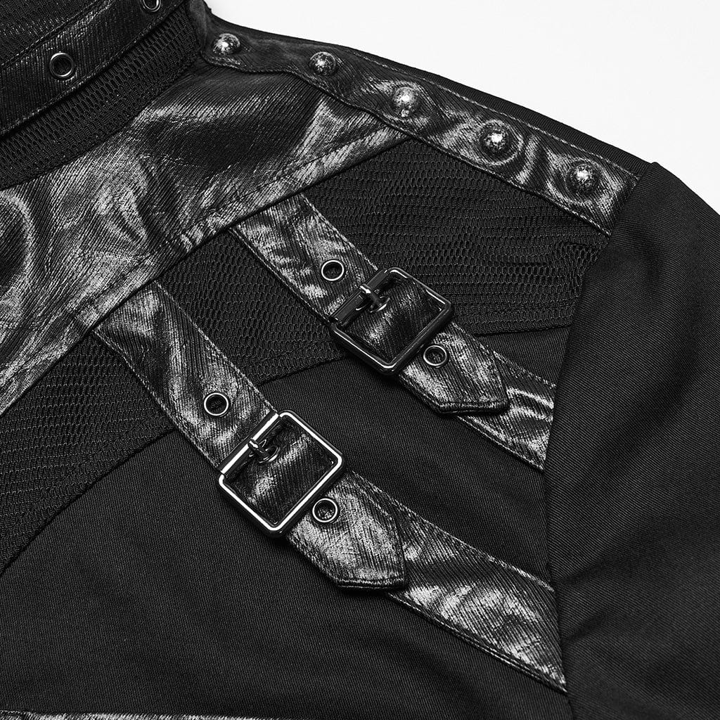 Men's Punk Eyelet Rivet Buckle-up Strap Stand Collar Shirt - Image 7