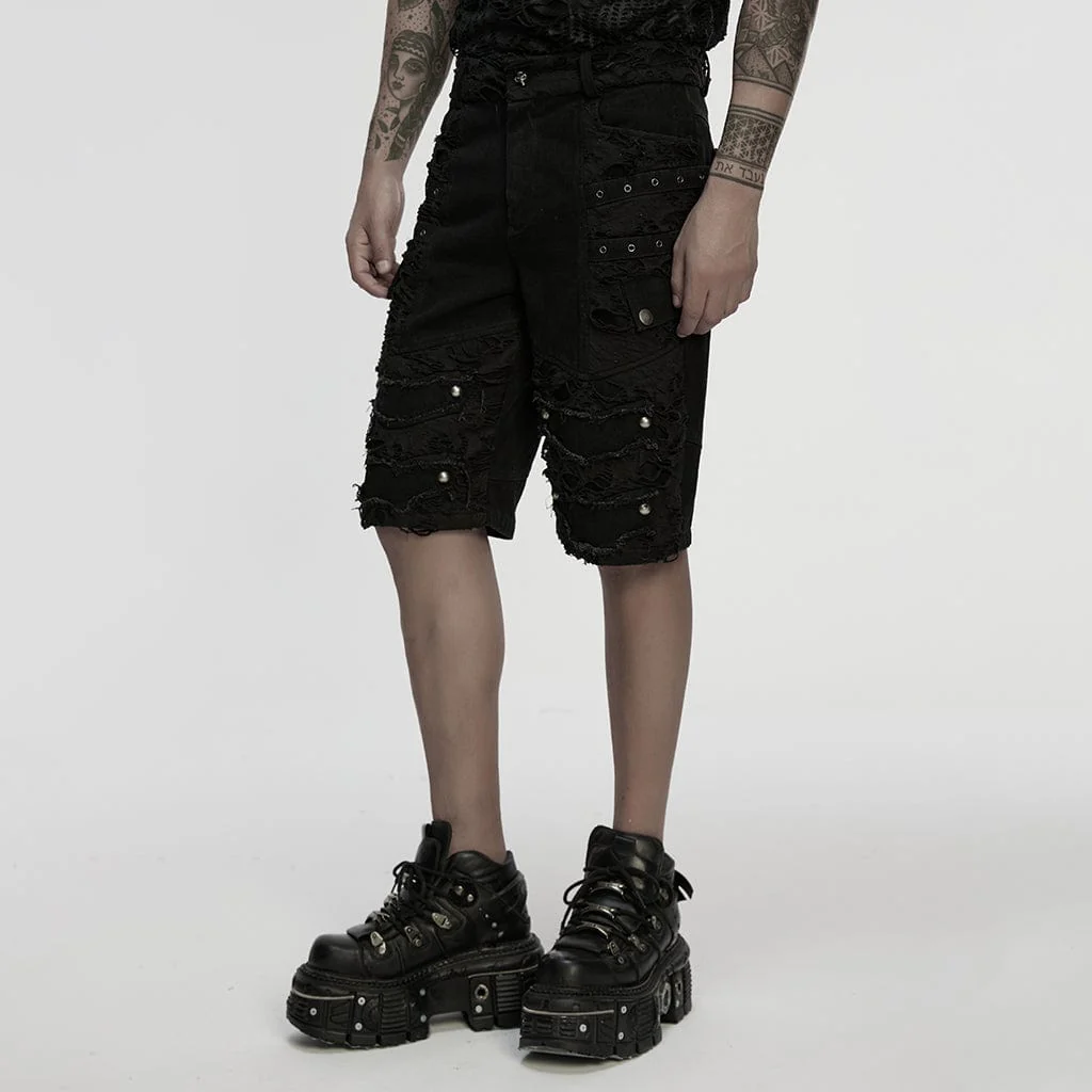 Men's Punk Eyelet Straps Ripped Shorts - Image 3