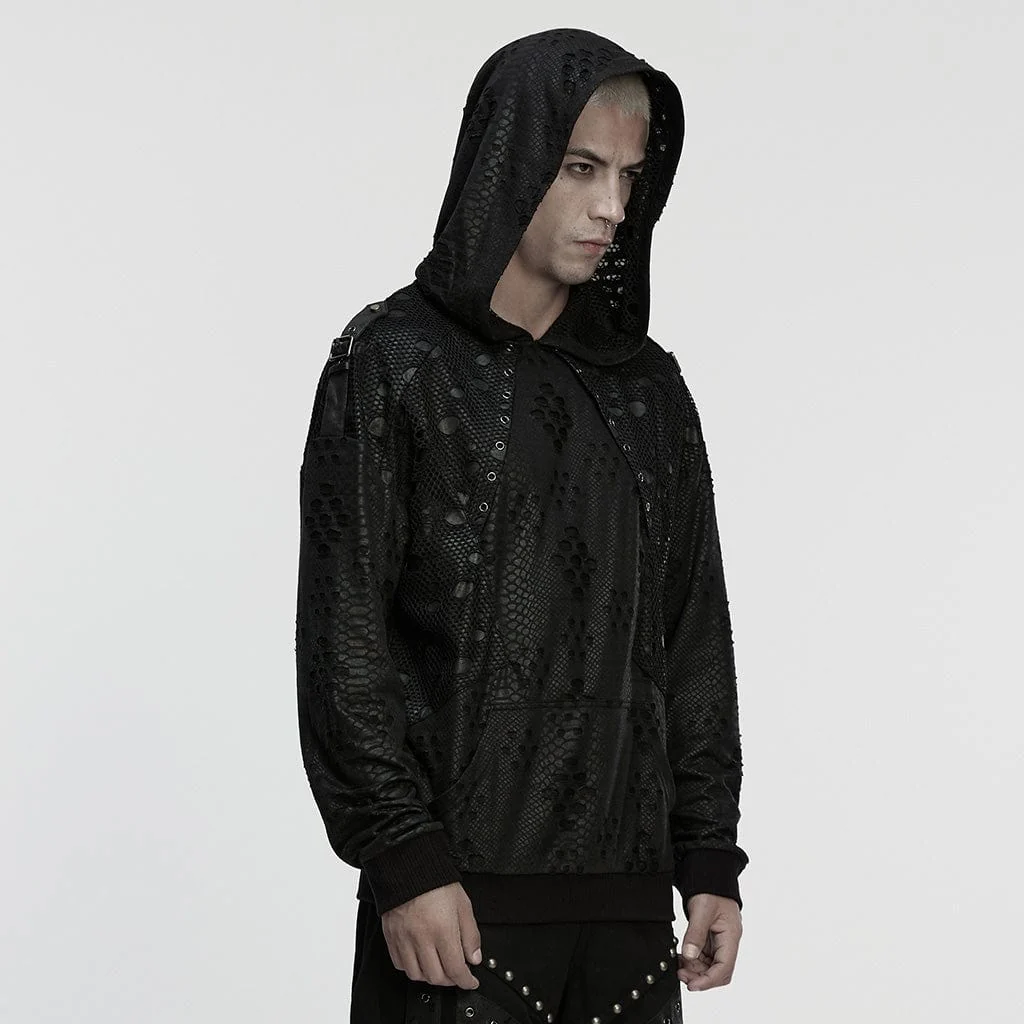 Men's Punk Eyelets Ripped Loose Hoodie - Image 2