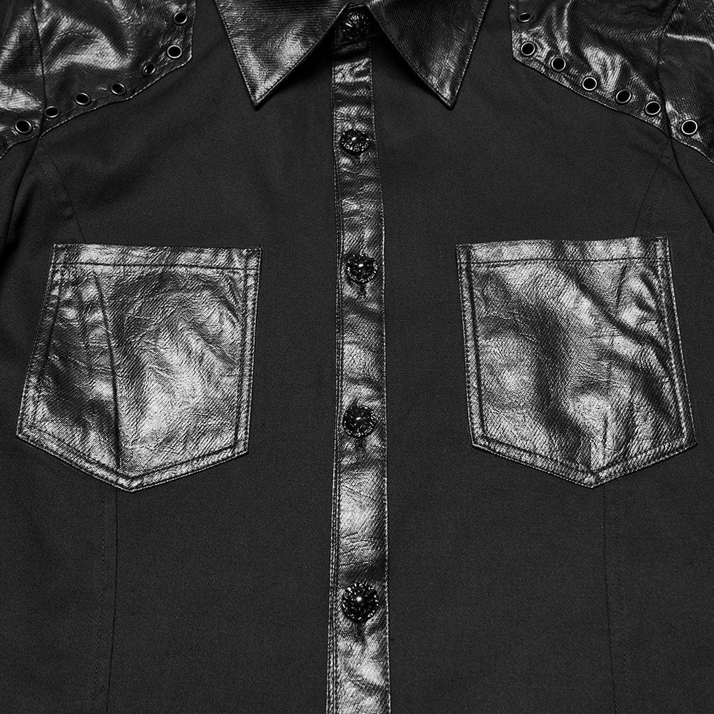 Men's Punk Eyelets Turn-down Collar Splice Shirt - Image 7