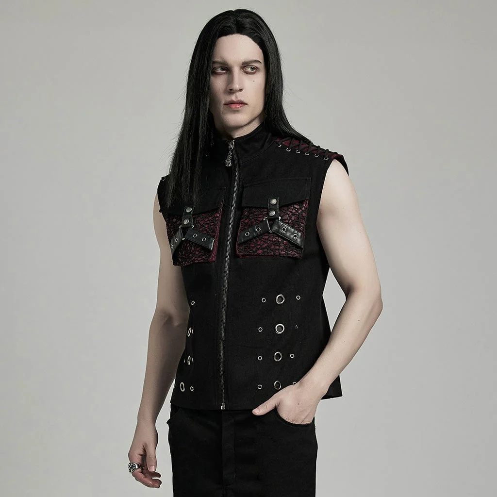 Men's Punk Faux Leather Big-pocket Black Red Vest - Image 2