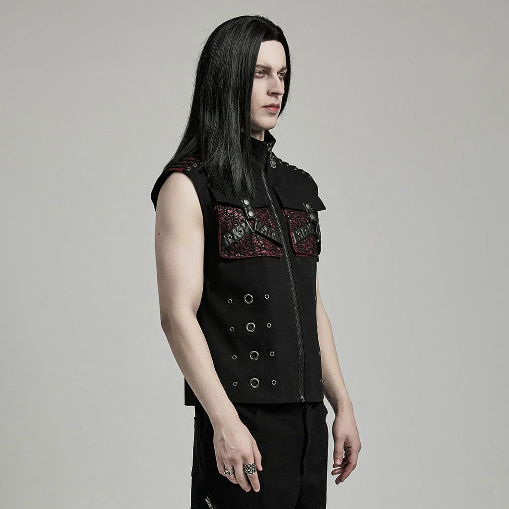 Men's Punk Faux Leather Big-pocket Black Red Vest - Image 3