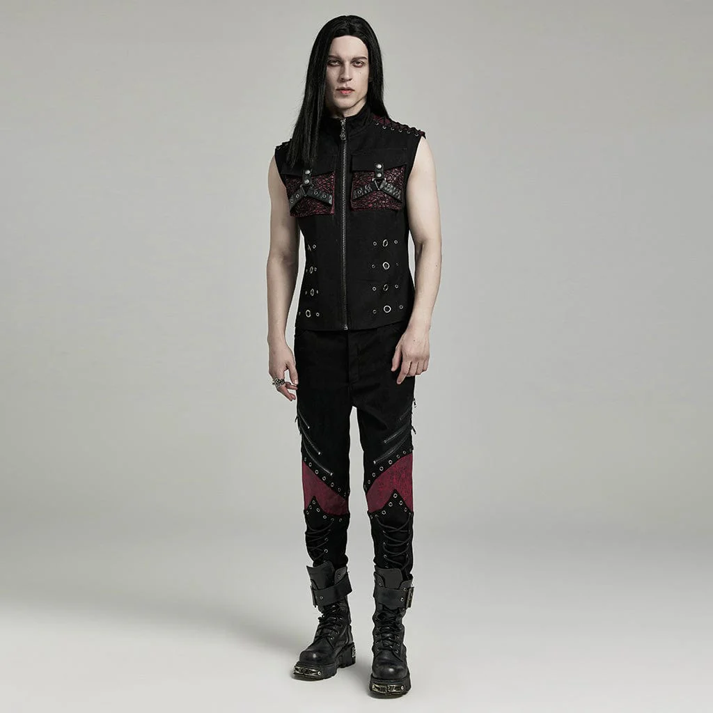Men's Punk Faux Leather Big-pocket Black Red Vest - Image 4