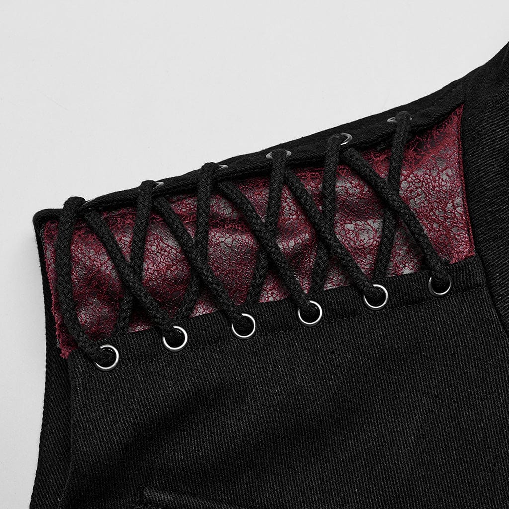 Men's Punk Faux Leather Big-pocket Black Red Vest - Image 7