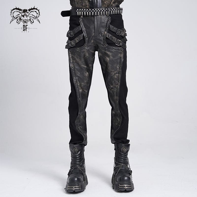 Men's Punk Faux Leather Splice Buckle Pants