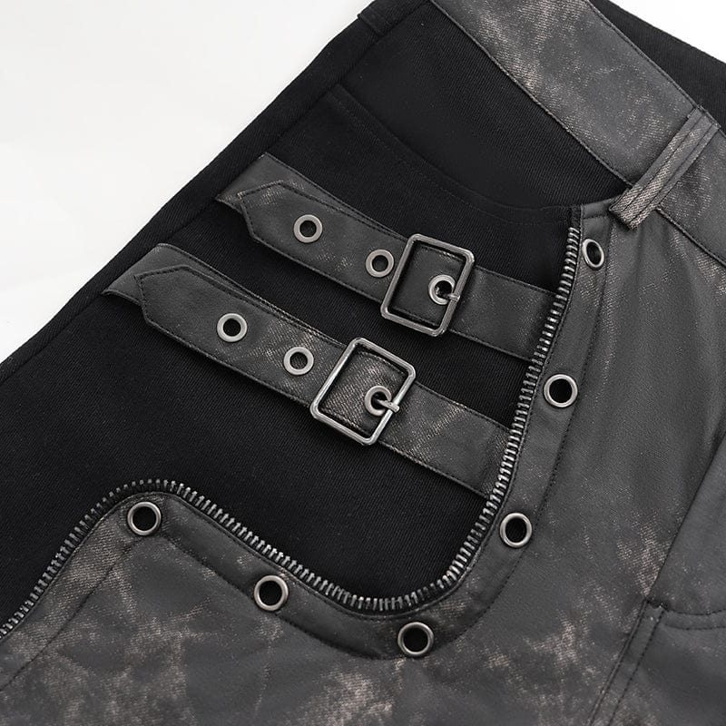 Men's Punk Faux Leather Splice Buckle Pants - Image 11