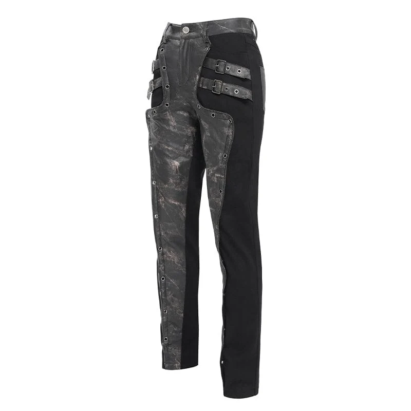 Men's Punk Faux Leather Splice Buckle Pants - Image 8