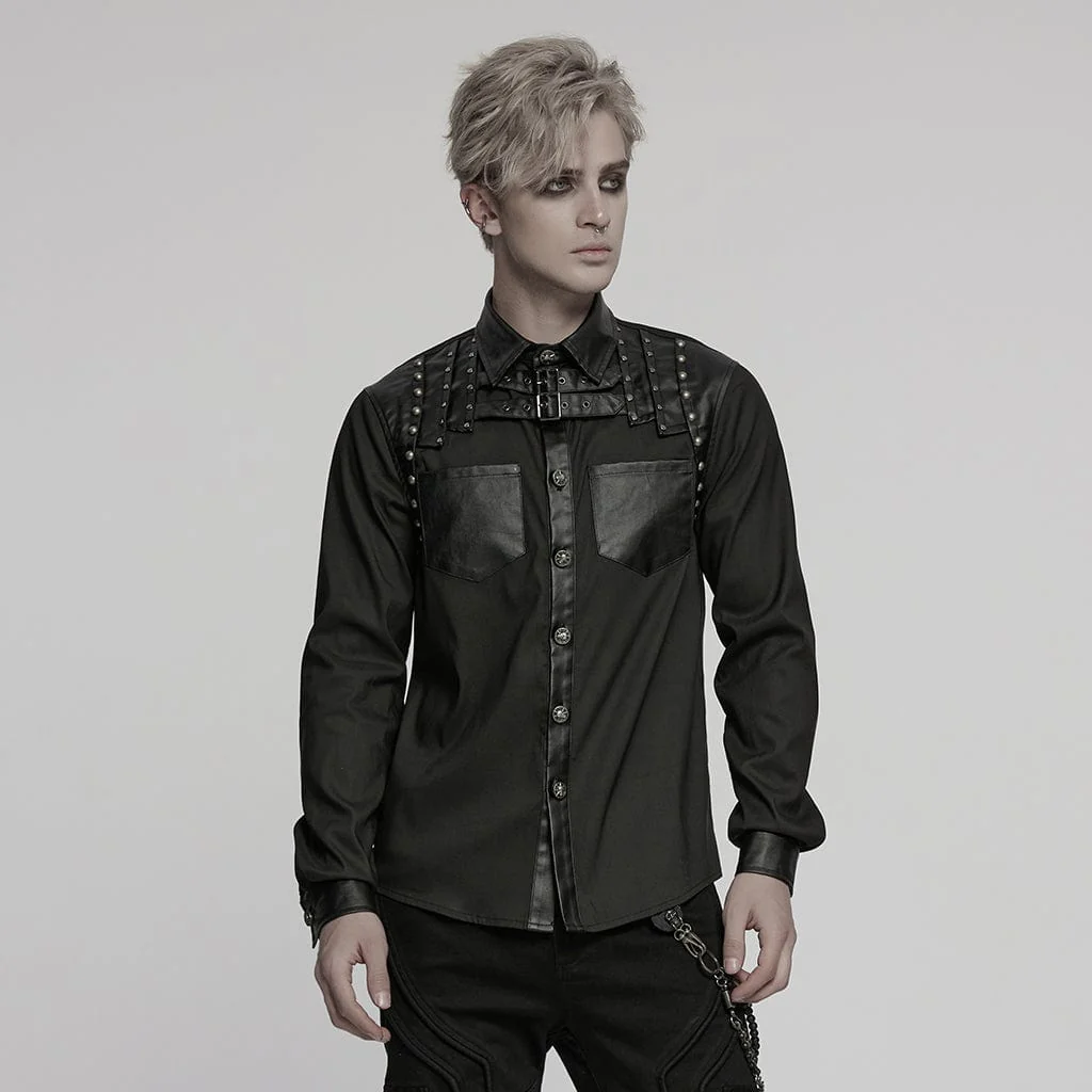 Men's Punk Faux Leather Splice Splice Buckle Strap Shirt
