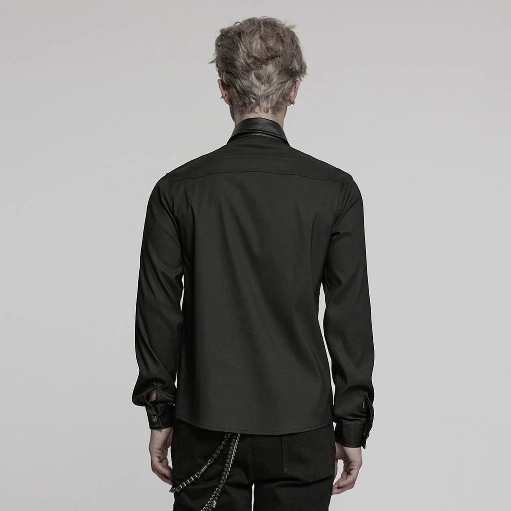 Men's Punk Faux Leather Splice Splice Buckle Strap Shirt - Image 3