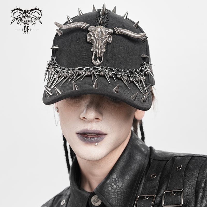Men's Punk Goat Skull Studded Chained Hat