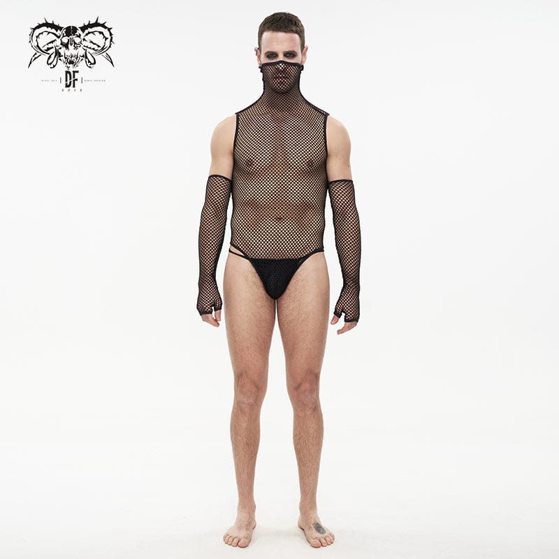 Men's Punk High Collar Mesh Bodysuit with Oversleeves - Image 3