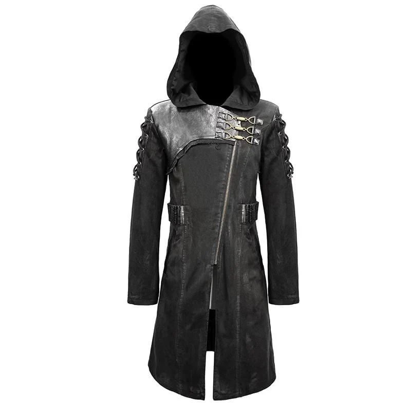 Men's Punk Hooded Zipper Lace-up Winter Coats - Image 4