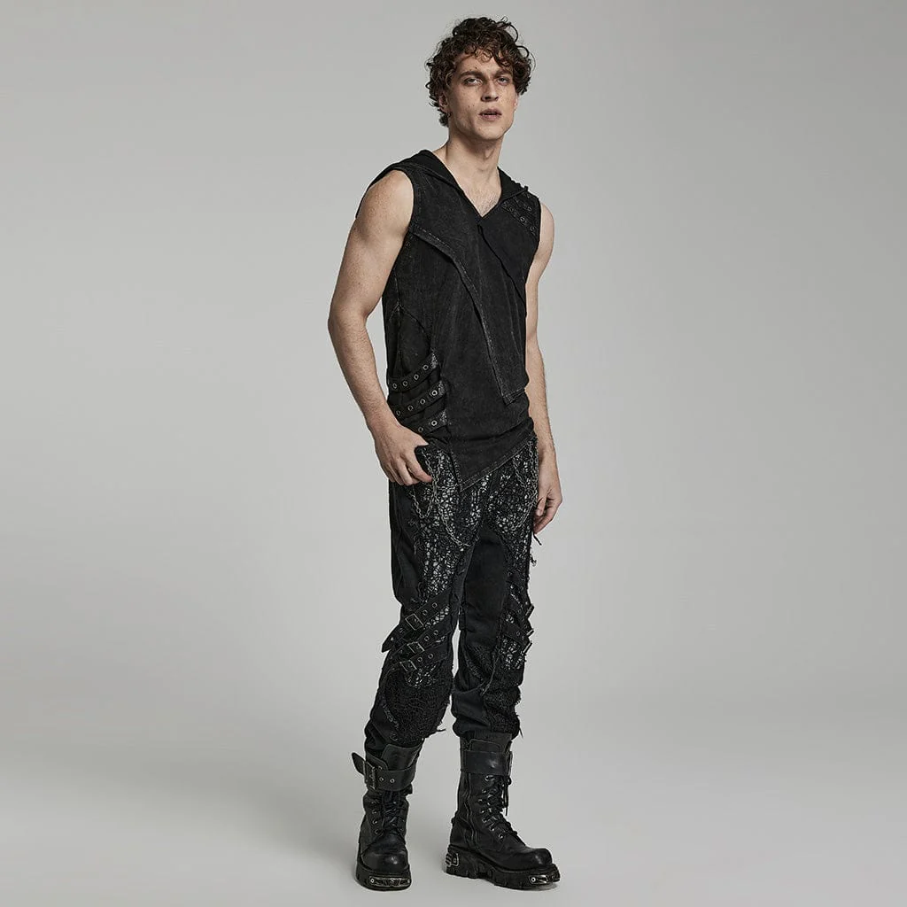 Men's Punk Irregular Distressed Tank Top with Hood - Image 4