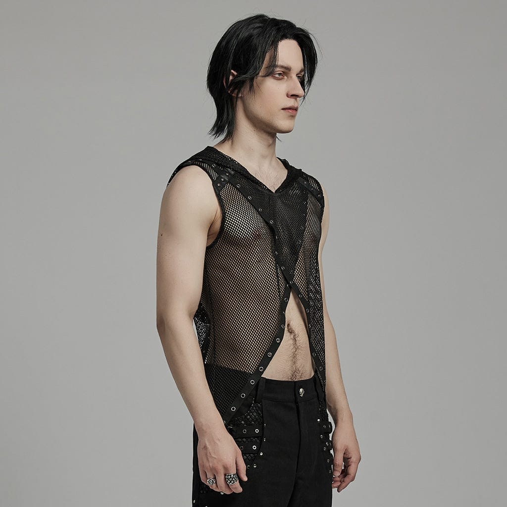 Men's Punk Irregular Eyelet Mesh Vest with Hood - Image 2