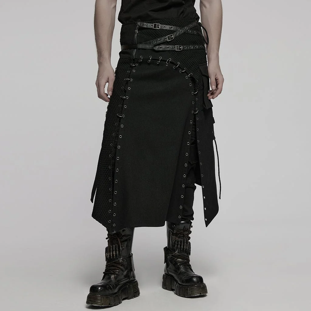 Men's Punk Irregular Lace-up Mesh Splice Kilt