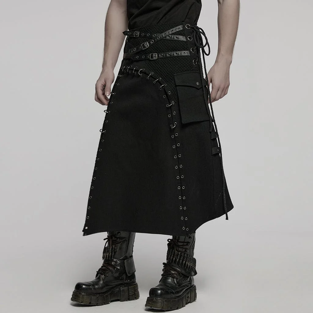 Men's Punk Irregular Lace-up Mesh Splice Kilt - Image 2