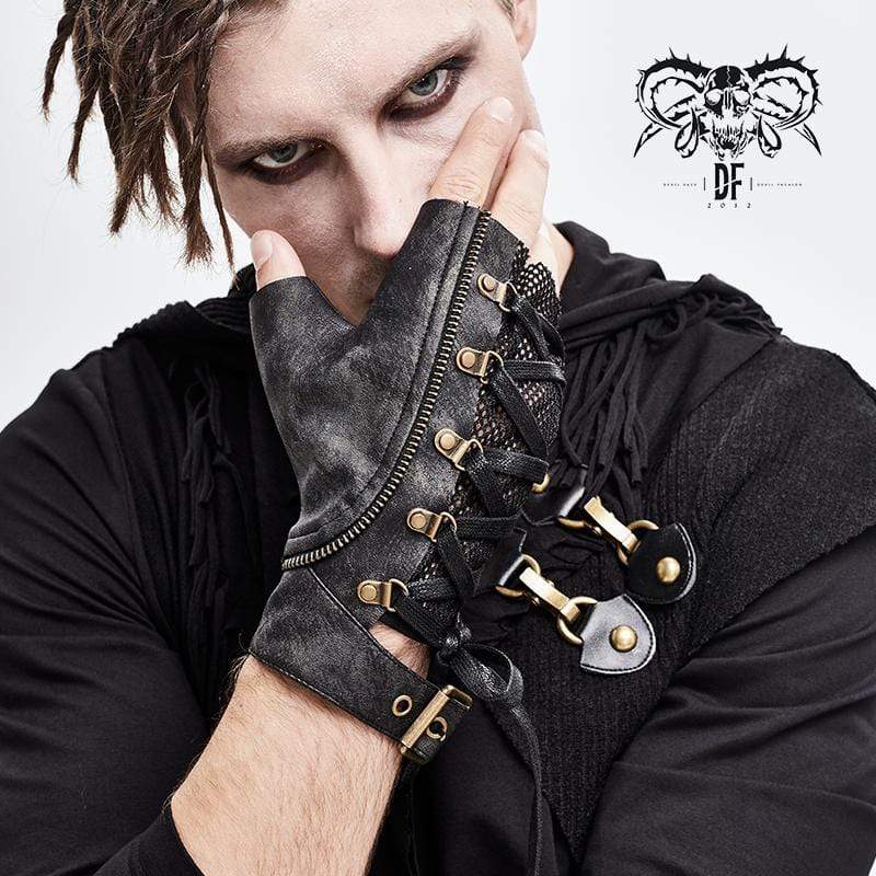 Men's Punk Lace-up Mesh Faux Leather Half Gloves - Image 2