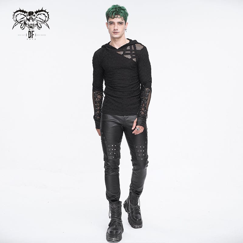 Men's Punk Lace-up Mesh Splice Hoodies - Image 5