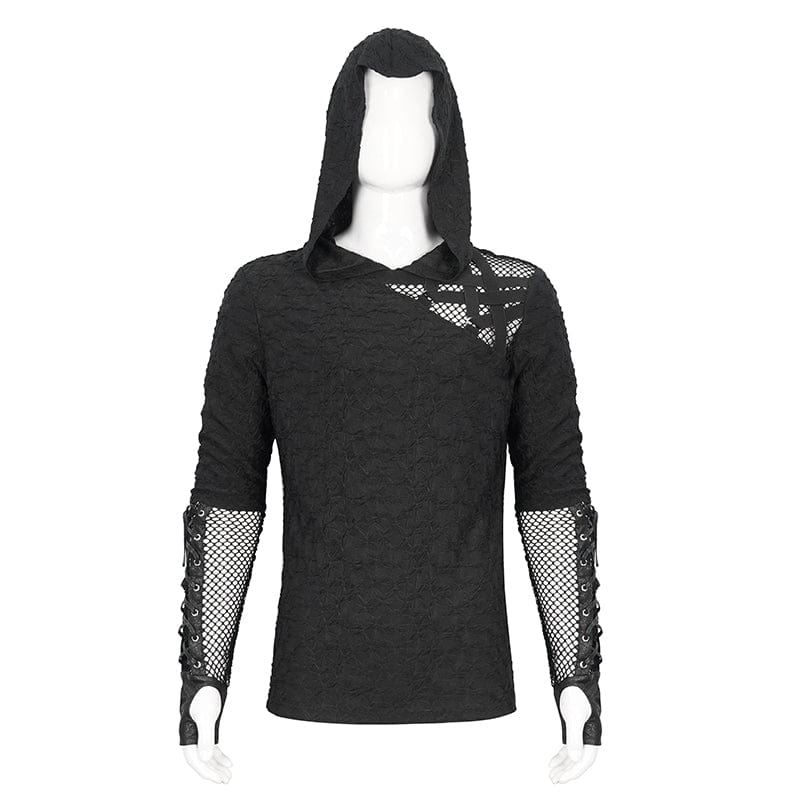 Men's Punk Lace-up Mesh Splice Hoodies - Image 8
