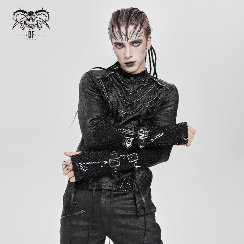 Men's Punk Mesh Splice Lace-up Chained Shirt - Image 3