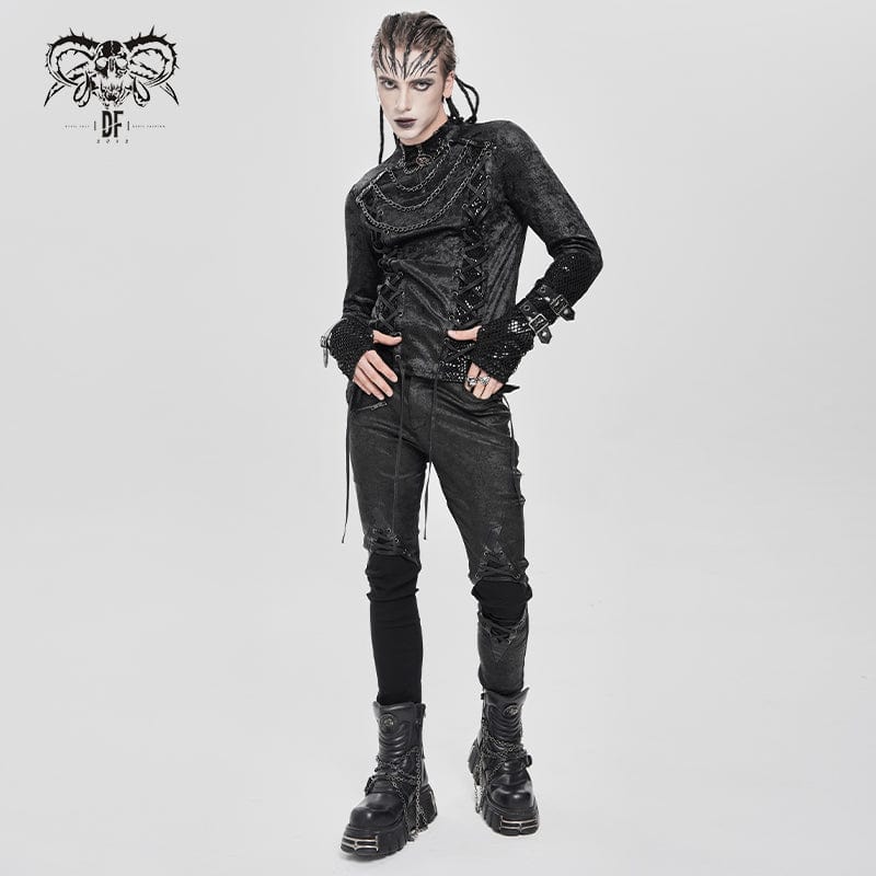 Men's Punk Mesh Splice Lace-up Chained Shirt - Image 6