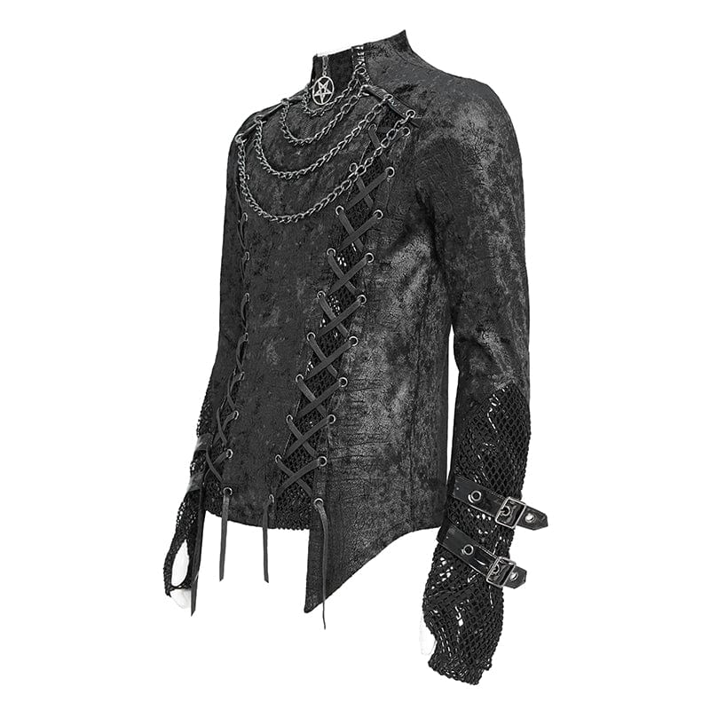 Men's Punk Mesh Splice Lace-up Chained Shirt - Image 8