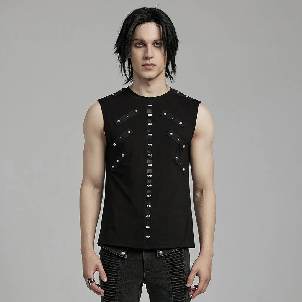 Men's Punk Mesh Splice Nailed Straps Tank Top