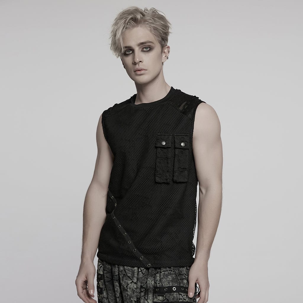 Men's Punk Mesh Splice Ripped Vest - Image 2