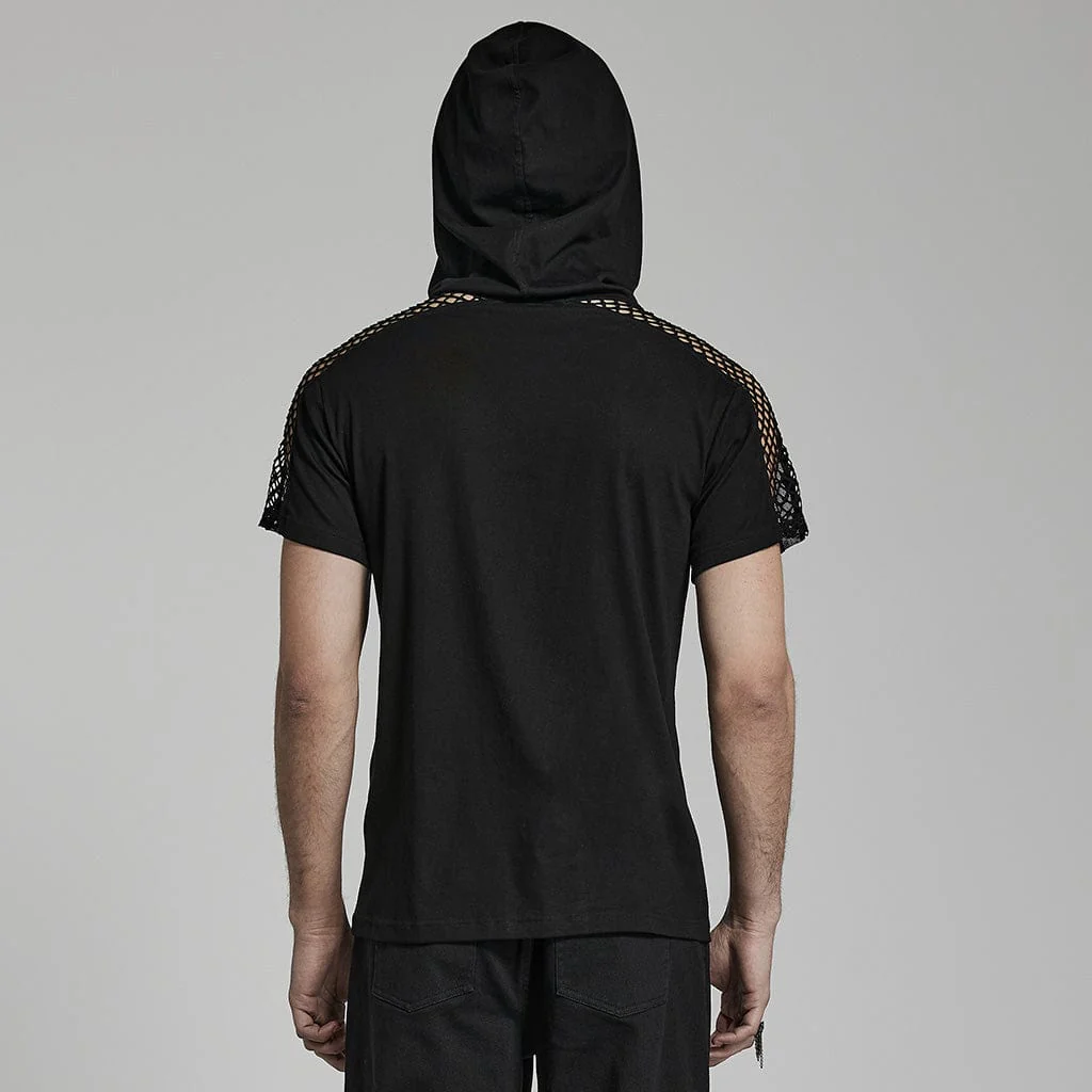 Men's Punk Mesh Splice T-shirt with Hood - Image 3