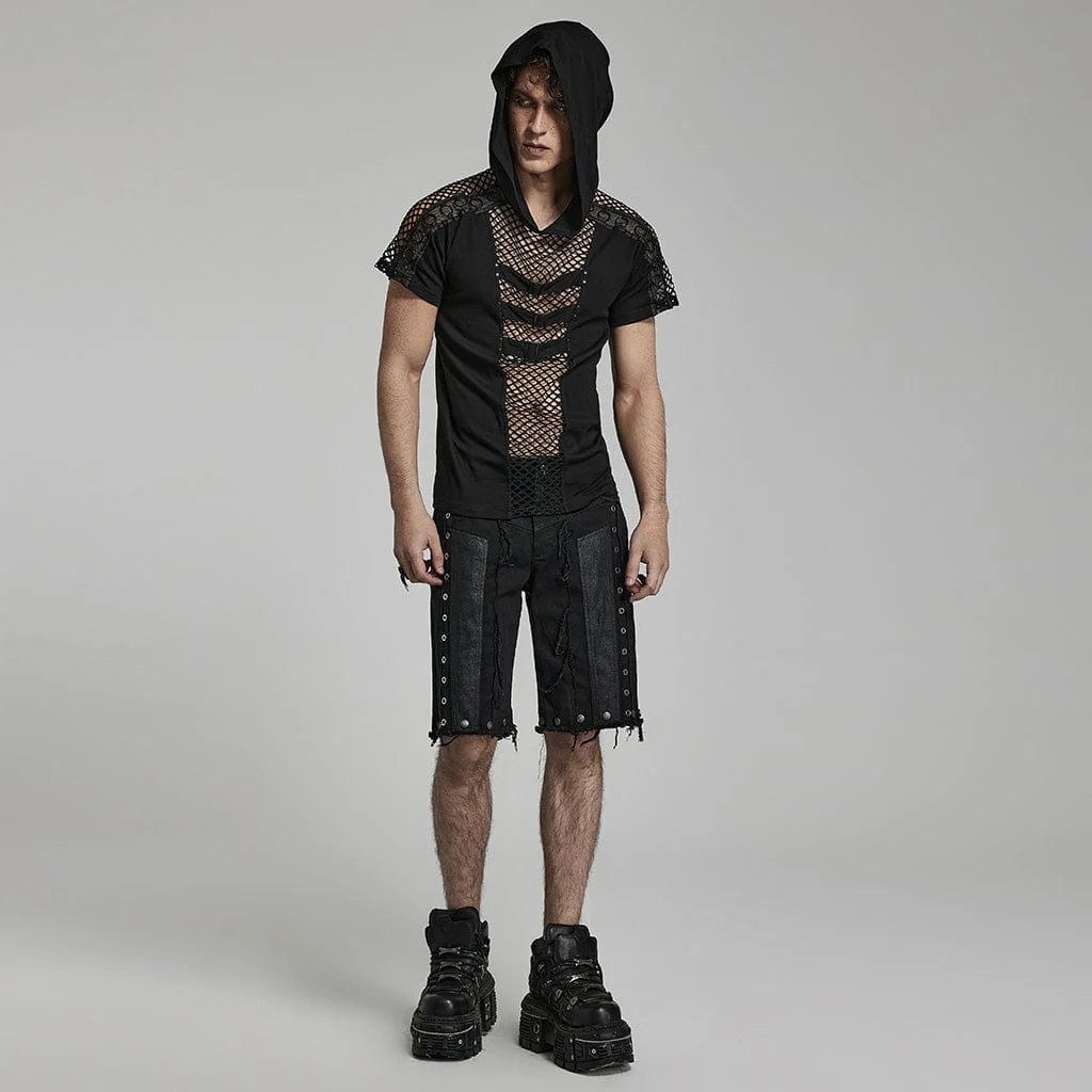 Men's Punk Mesh Splice T-shirt with Hood - Image 4