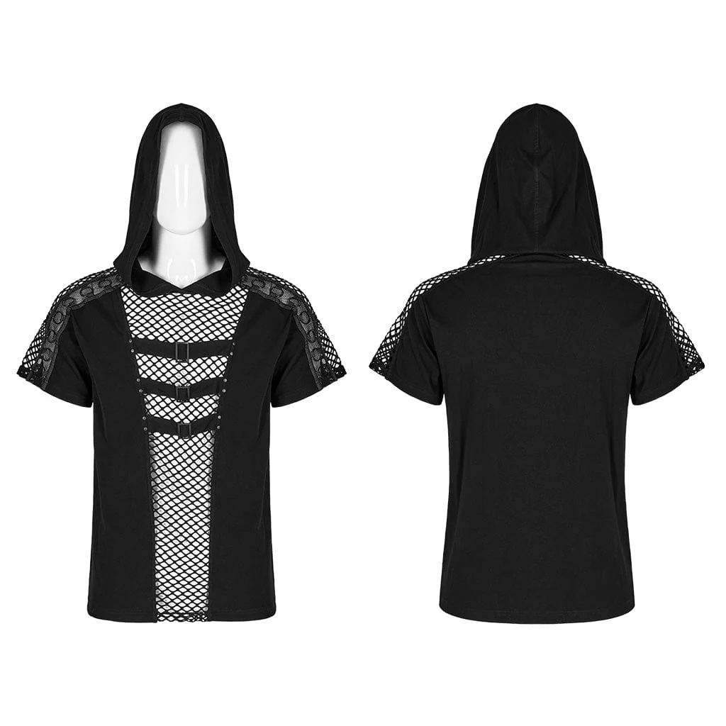 Men's Punk Mesh Splice T-shirt with Hood - Image 5