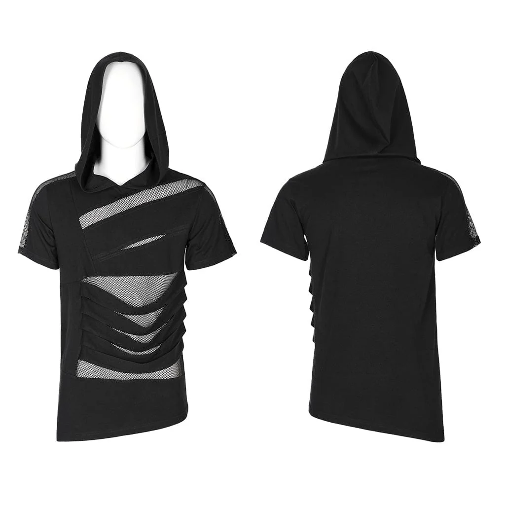 Men's Punk Mesh Splice T-shirt with Hood - Image 5