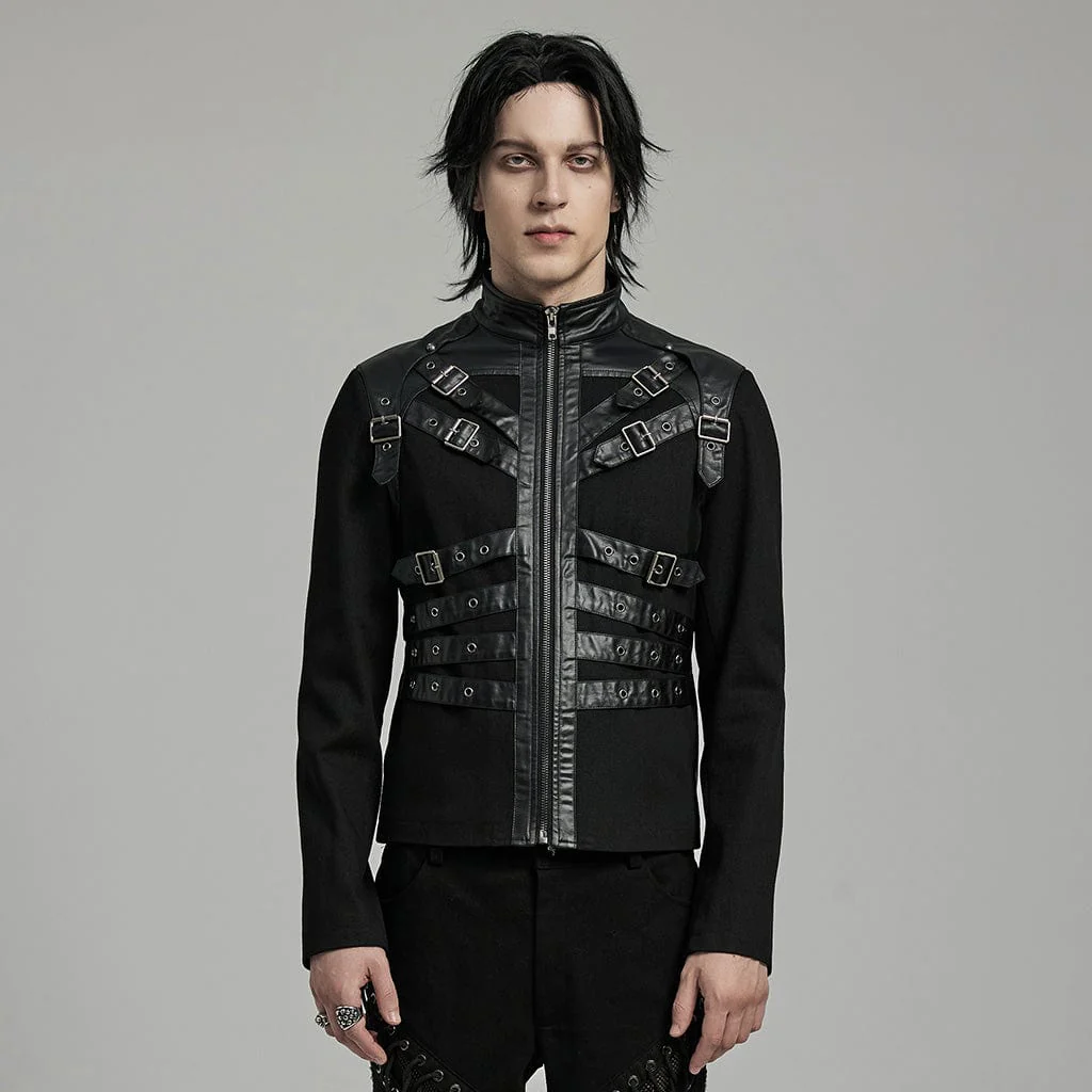 Men's Punk Multi-buckles Straps Faux Leather Jacket