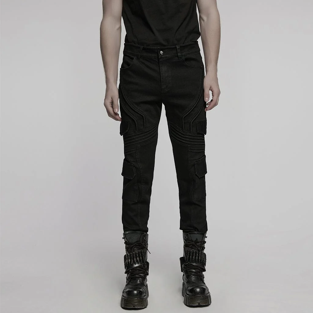 Men's Punk Multi-pocket Pleated Denim Pants