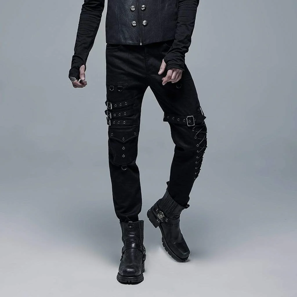 Men's Punk Multi Pockets Buckles Black Pants - Image 2