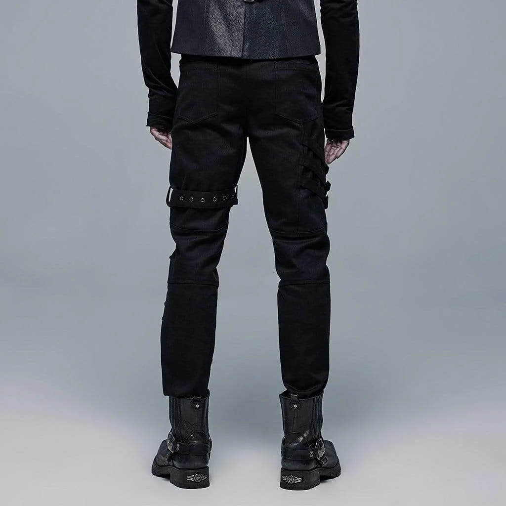Men's Punk Multi Pockets Buckles Black Pants - Image 4