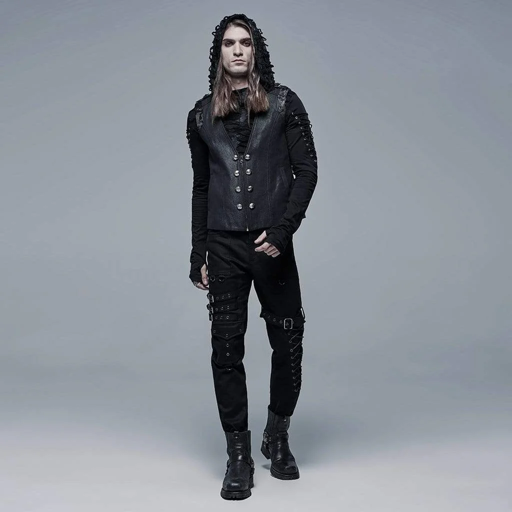 Men's Punk Multi Pockets Buckles Black Pants - Image 5
