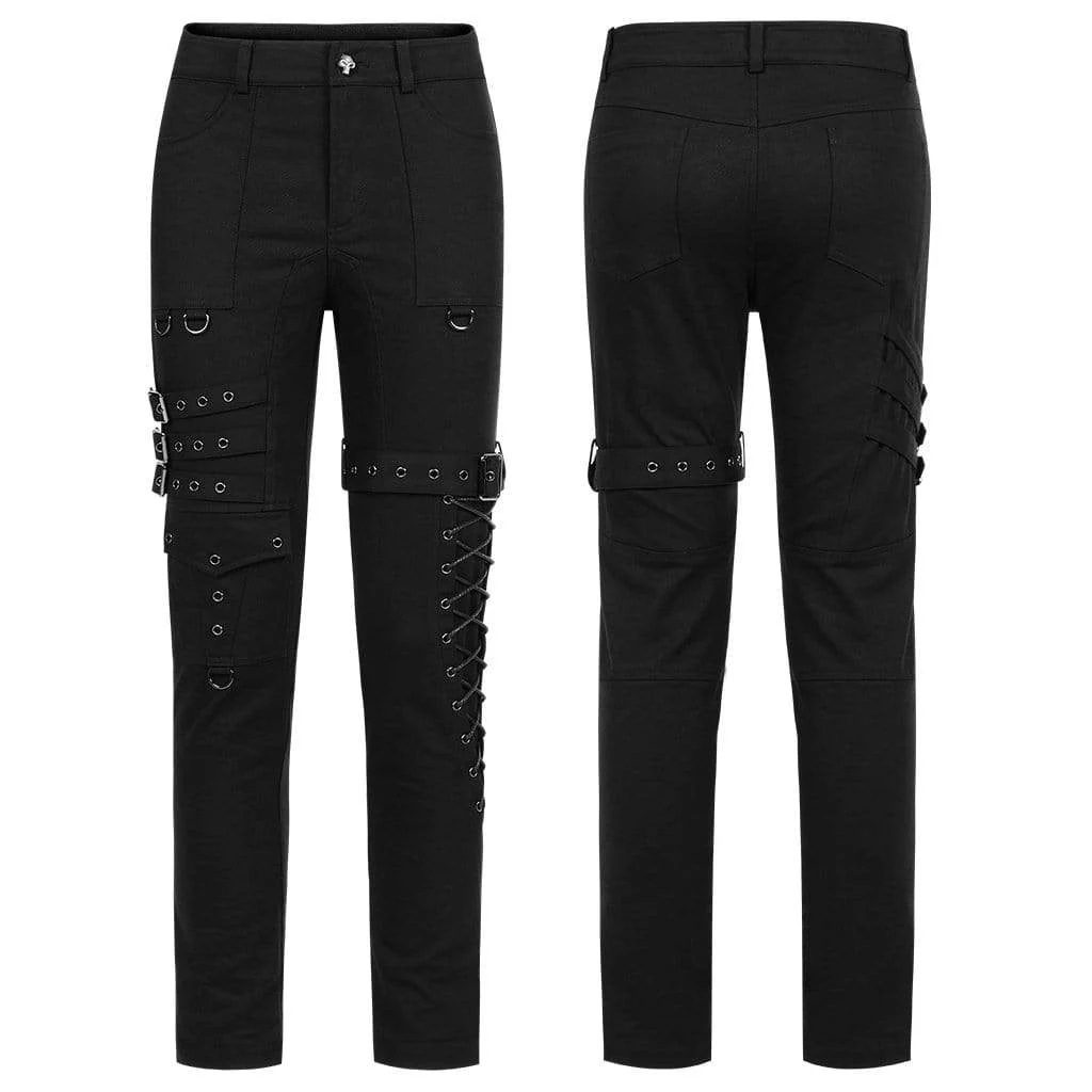 Men's Punk Multi Pockets Buckles Black Pants - Image 6